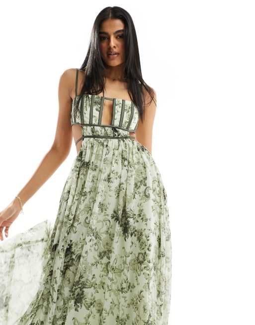 ASOS DESIGN Midi Skater Kleid in Grun mit Vintage Blumenprint Korsagen Oberteil Tragern und Zierausschnitt ASOS