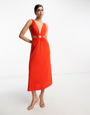 ASOS DESIGN - Midi-Skater-Kleid in Rot mit tiefem Ausschnitt und Ringdetail