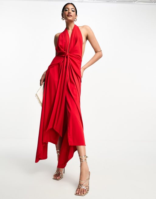 ASOS DESIGN Midi Skater Kleid in Rot mit tiefem Ausschnitt und Scharpe ASOS