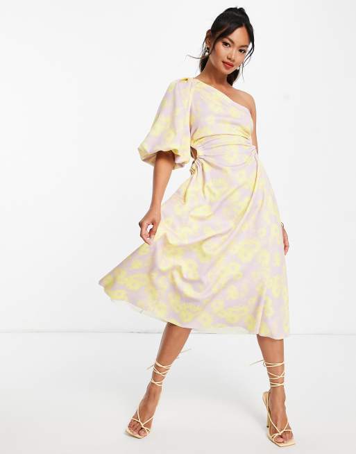 ASOS DESIGN Midi Skater Kleid mit One Shoulder Trager Puffarmel seitlichem Zierausschnitt und Blumenmuster ASOS