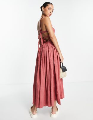 ASOS DESIGN - Midi-Skater-Sommerkleid in Rostrot mit Riemendesign