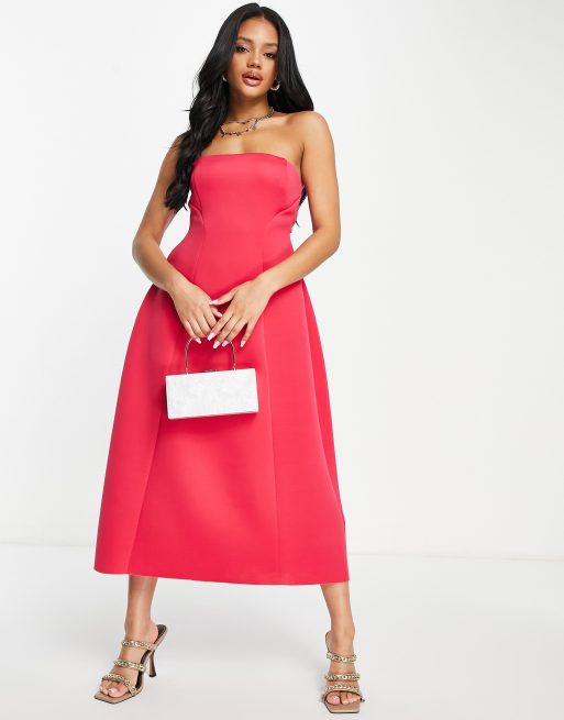 ASOS DESIGN - Midi-skaterjurk met bandeau en open achterkant in bessenkleur