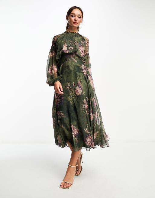 ASOS DESIGN - Midi skaterjurk met lange mouwen en kanten inzetstuk in groene bloemenprint