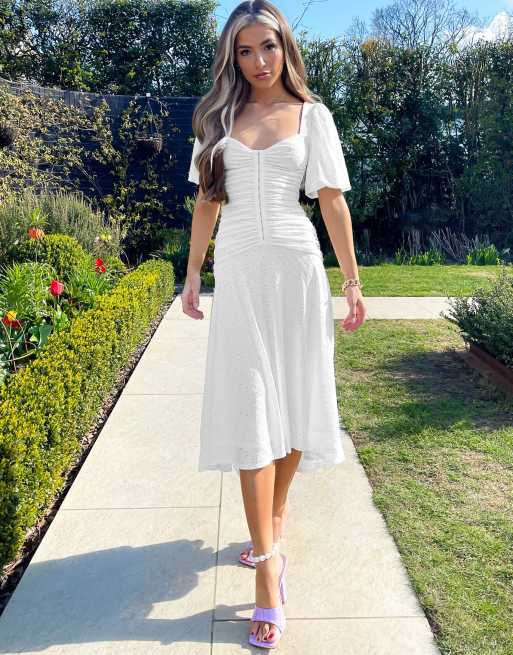 ASOS DESIGN - Midi-skaterjurk met pofmouwen, ruches en broderie in wit