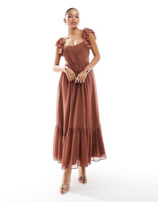 ASOS DESIGN - Midi-Skaterkleid in Mokka mit Korsett, Flatterärmeln und Cut-Outs-Brown