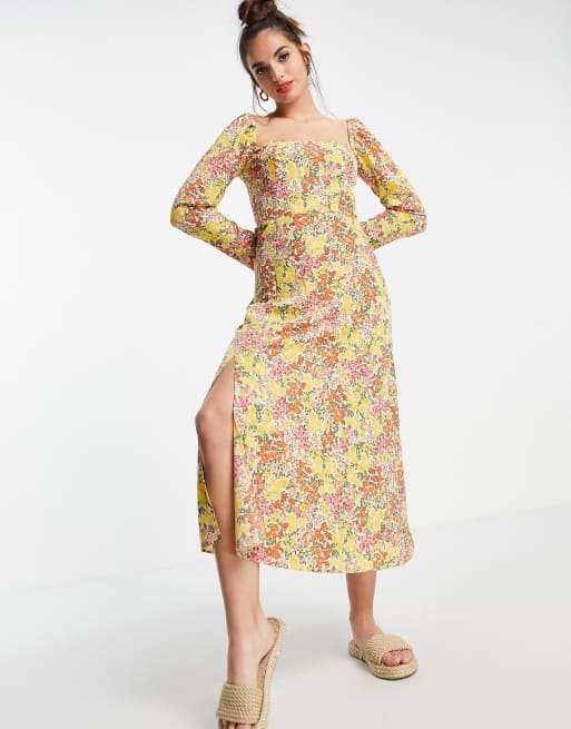 ASOS DESIGN – Midi-Skaterkleid mit eckigem Ausschnitt und Blumenmuster in Creme, 3 von 4