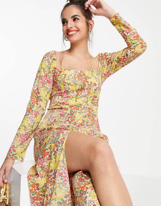 ASOS DESIGN – Midi-Skaterkleid mit eckigem Ausschnitt und Blumenmuster in Creme, 4 von 4
