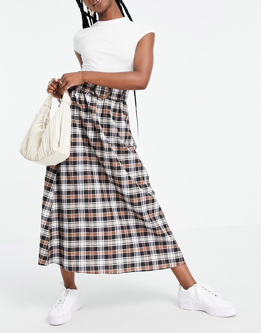 ASOS DESIGN midi skirt with belt detail in check print-Multi