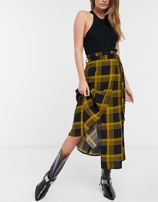 ASOS DESIGN midi skirt with belt detail in mustard check