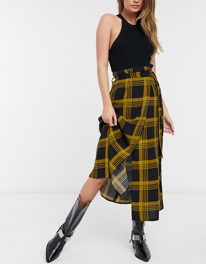 ASOS DESIGN midi skirt with belt detail in mustard plaid-Multi