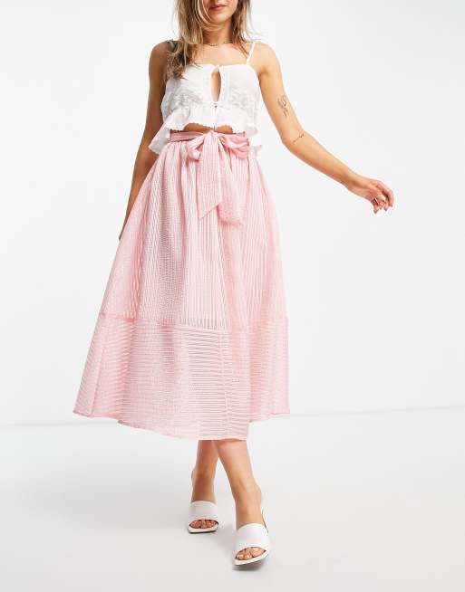 ASOS DESIGN midi skirt with belt detail in pink stripe print ASOS