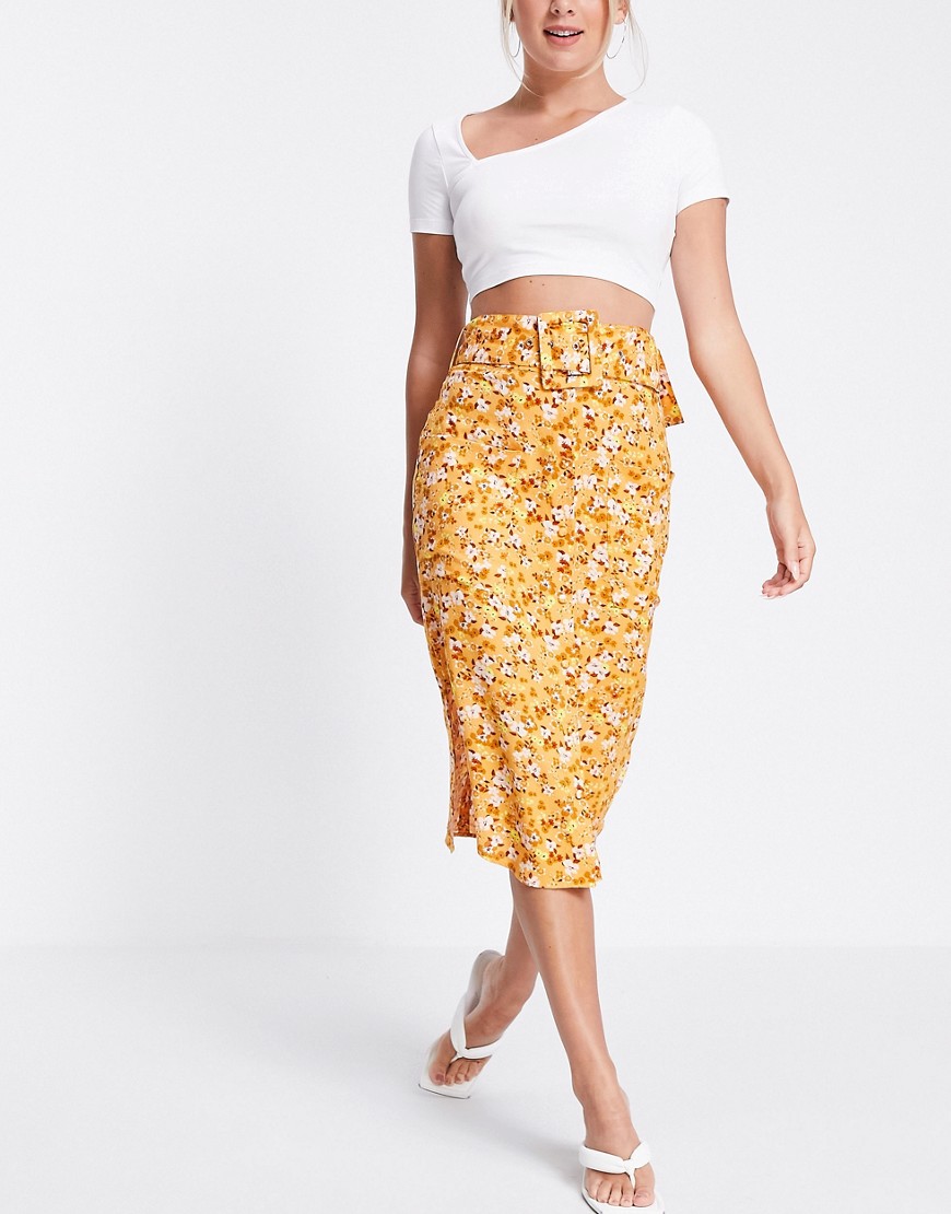 ASOS DESIGN midi skirt with belt detail in tan floral print-Multi