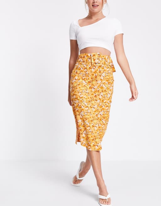 ASOS DESIGN midi skirt with belt detail in tan floral print ASOS