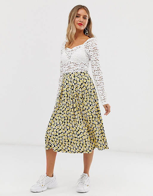 ASOS DESIGN midi skirt with box pleats in yellow floral | ASOS