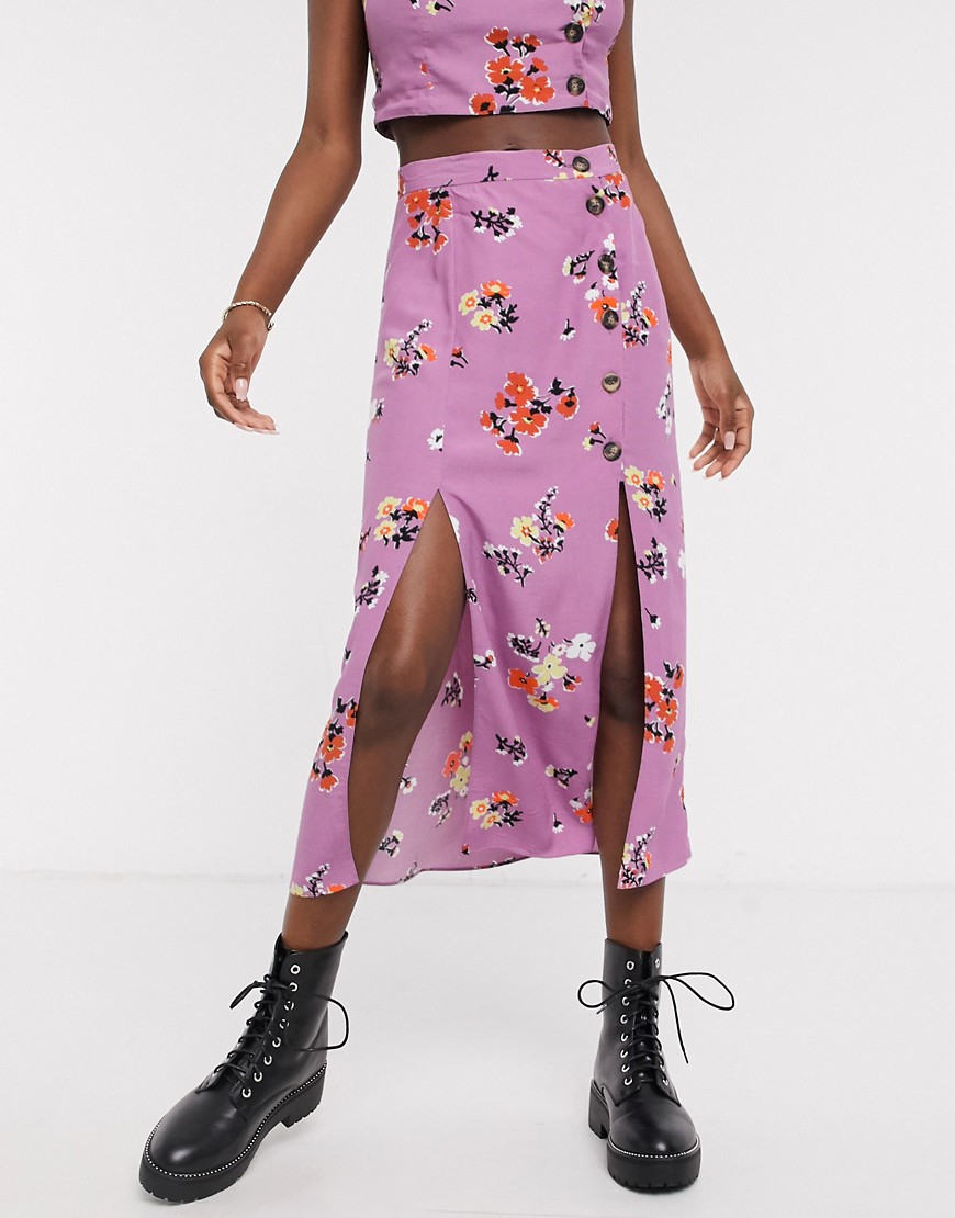 ASOS DESIGN midi skirt with button details in floral print co-ord-Multi