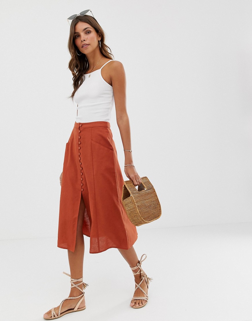 ASOS DESIGN midi skirt with button front-Red