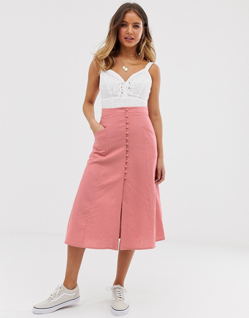 ASOS DESIGN midi skirt with button front-Pink