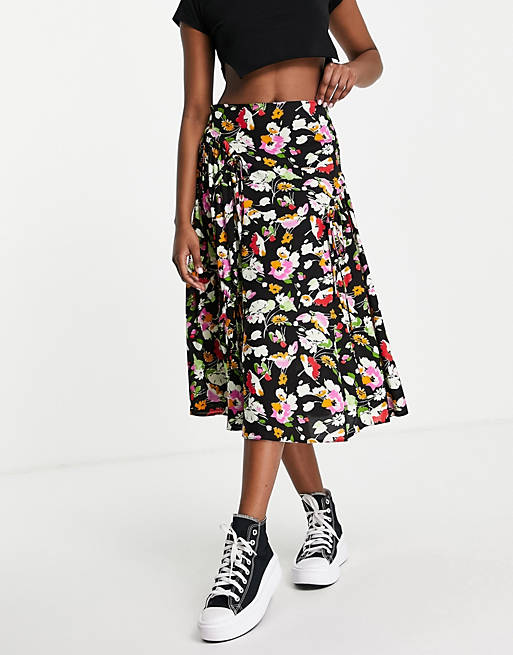 Women midi skirt with channel detail in floral print 