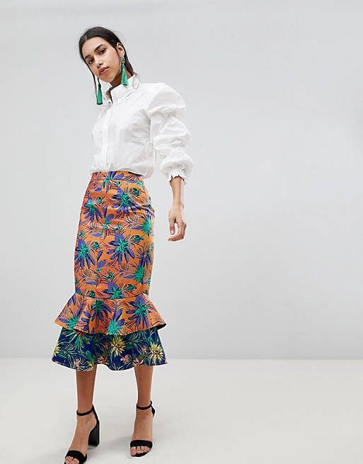 ASOS DESIGN midi skirt with double ruffe in tropical jacquard