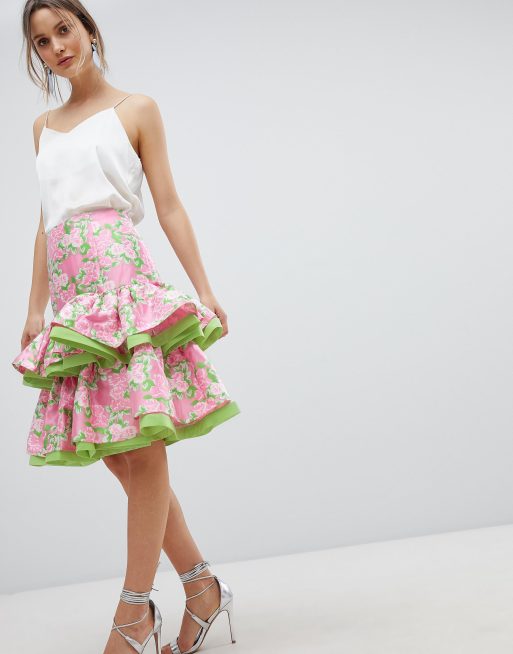 ASOS DESIGN midi skirt with double ruffle in floral jacquard co-ord
