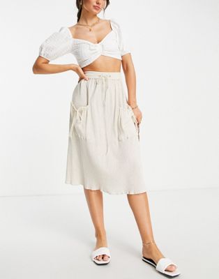 ASOS DESIGN midi skirt with drawstring waist in natural crinkle in stone