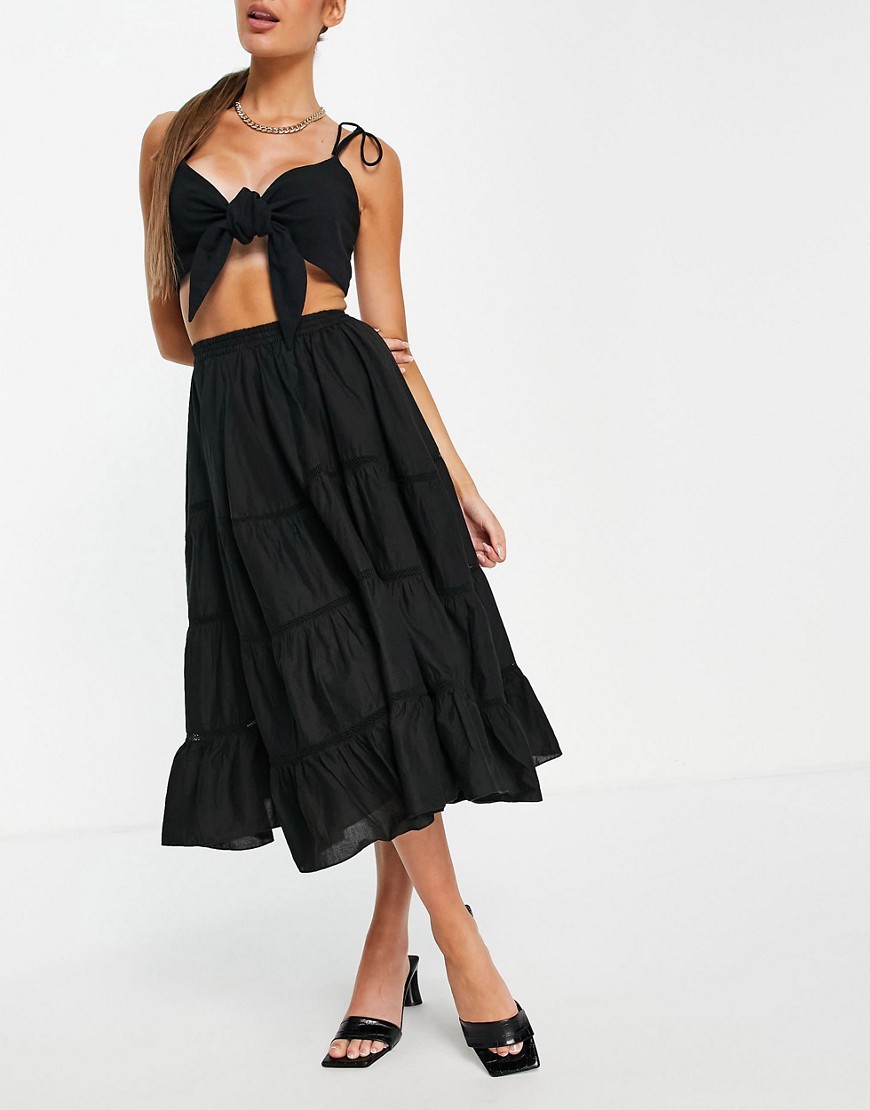 ASOS DESIGN midi skirt with lace insert and hanky hem in black