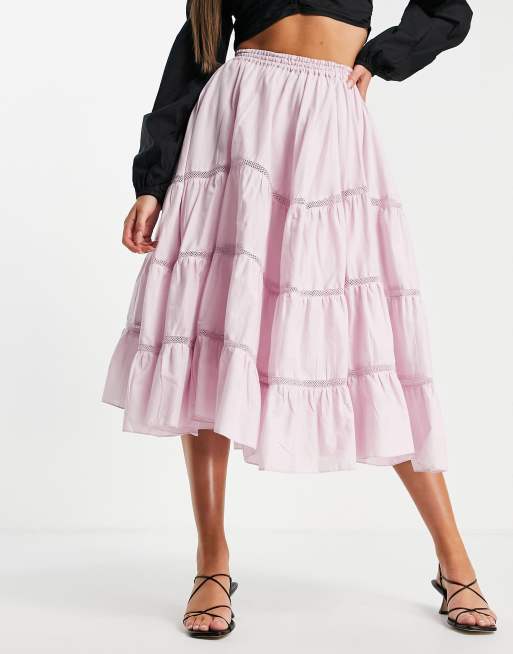 ASOS DESIGN midi skirt with lace insert and hanky hem in mauve