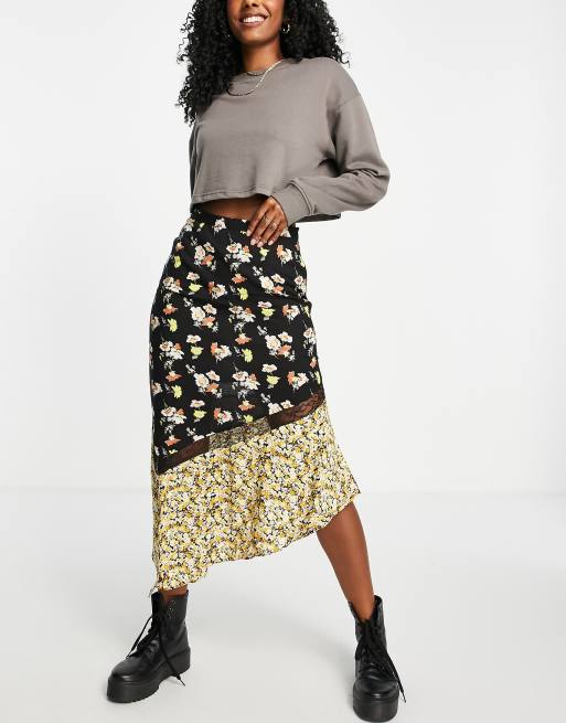 ASOS DESIGN midi skirt with lace insert in spliced floral print