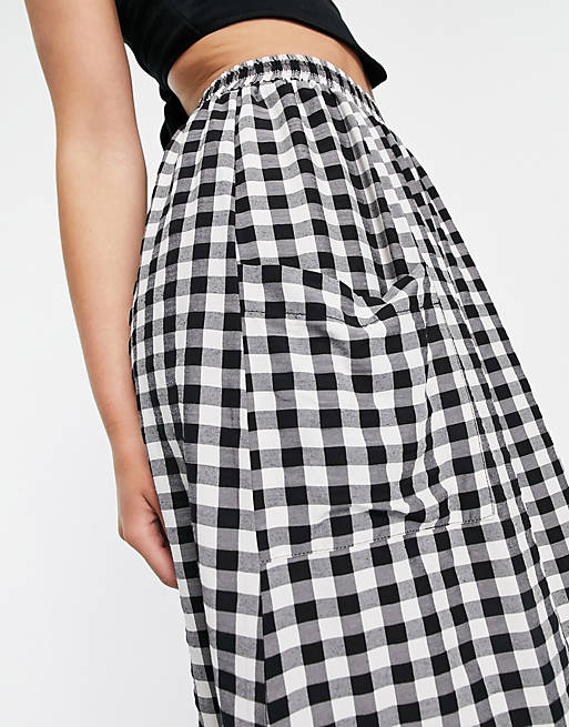  midi skirt with pocket detail in textured mono gingham check print 
