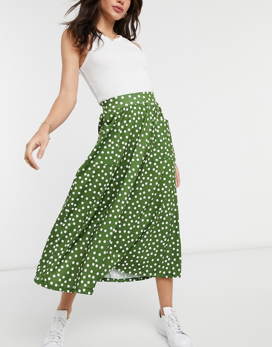 ASOS DESIGN midi skirt with pockets in khaki polka dot-Green