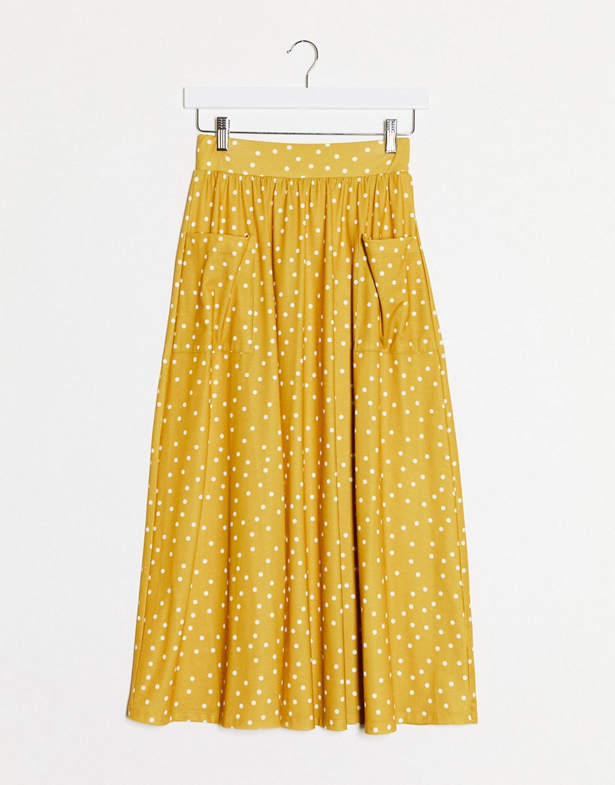 ASOS DESIGN midi skirt with pockets in mustard polka dot-Yellow