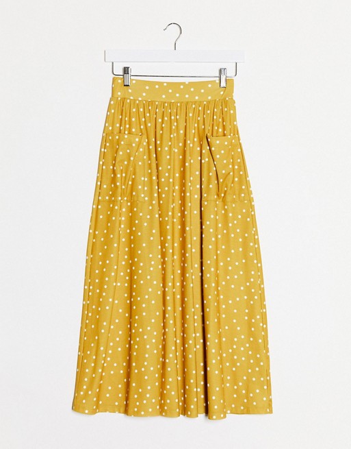 ASOS DESIGN midi skirt with pockets in mustard spot print