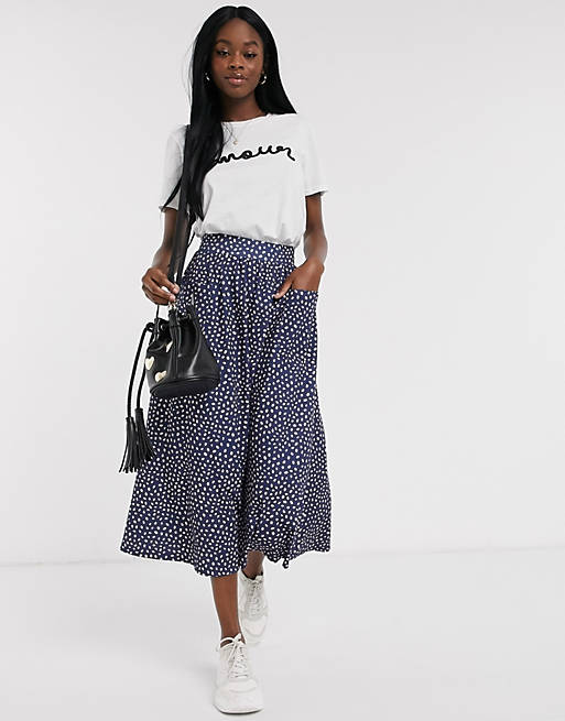 ASOS DESIGN midi skirt with pockets in pink and blue polka dot | ASOS