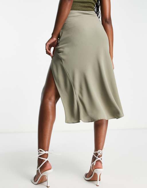 ASOS DESIGN midi skirt with ruched side and button detail in light khaki