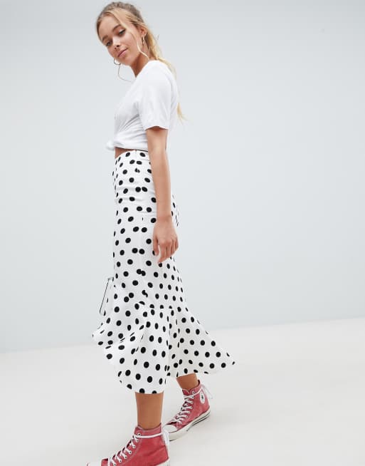 ASOS DESIGN midi skirt with ruffle detail in polka dot print