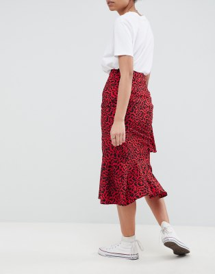 red leopard print midi skirt