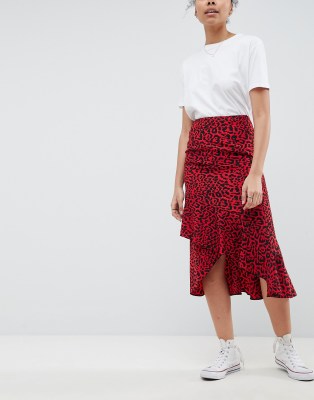 red animal midi skirt