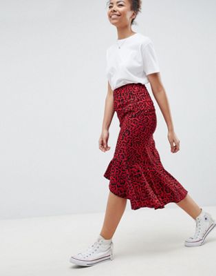 red leopard print denim skirt