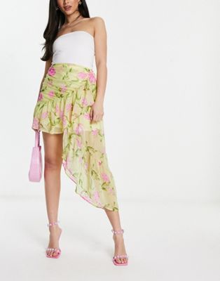 Asos Design Midi Skirt With Side Drape Detail In Floral Print-multi