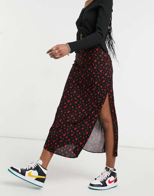 Asos Design Midi Skirt With Thigh Slit In Red Floral Print Asos