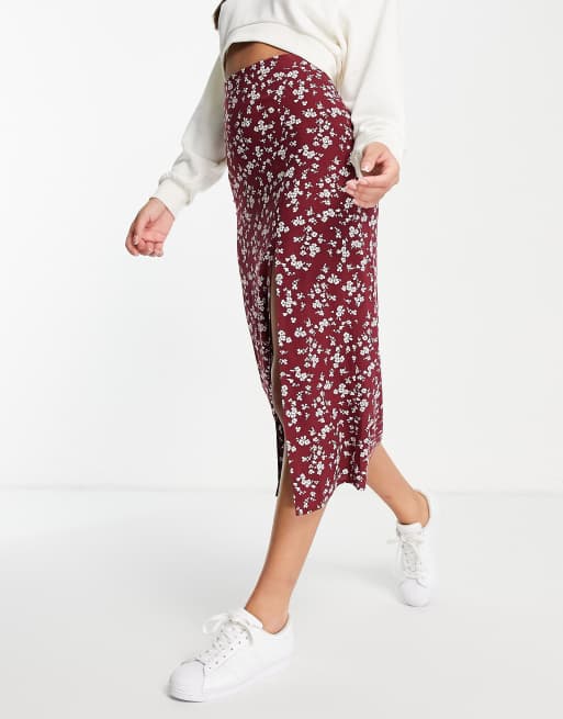 ASOS DESIGN midi skirt with thigh split in burgundy floral print