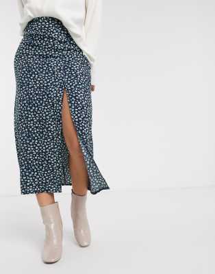 ASOS DESIGN midi skirt with thigh split in ditsy floral print-Multi