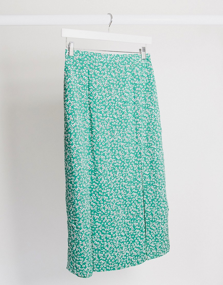 ASOS DESIGN midi skirt with thigh split in floral print-Multi