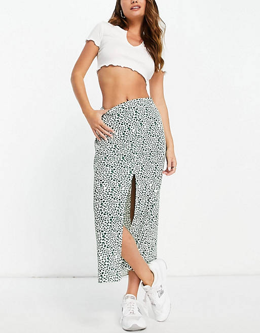  midi skirt with thigh split in green & ivory print 