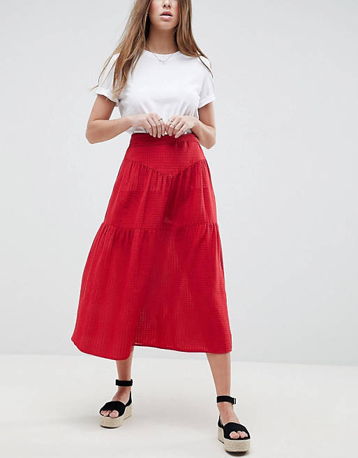 ASOS DESIGN midi skirt with tie belt in grid texture