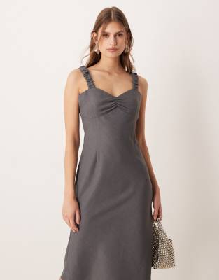 Asos Design Midi Slip Dress With Ruched Bust In Gray