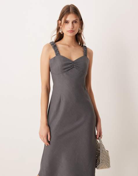ASOS DESIGN midi slip dress with ruched bust in charcoal
