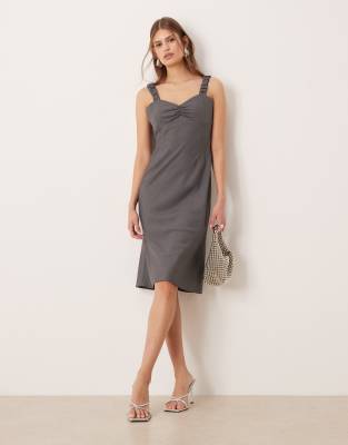Asos Design Midi Slip Dress With Ruched Bust In Gray
