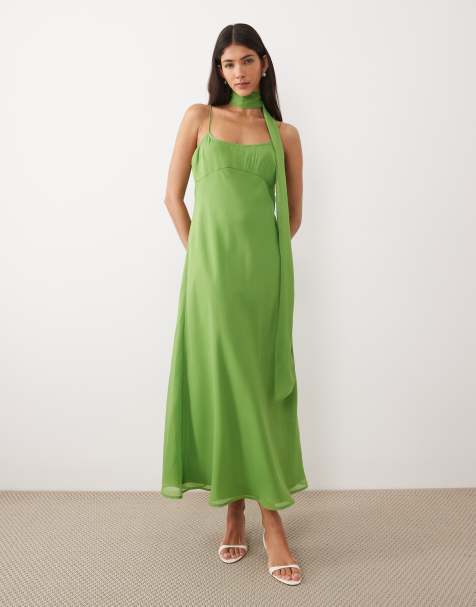 ASOS DESIGN midi slip dress with scarf in green - view 1