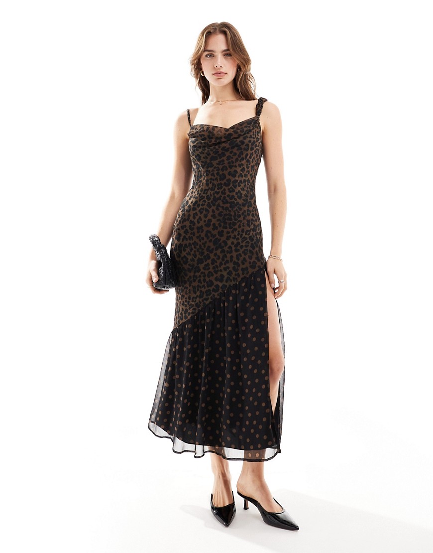 Asos Design Midi Slip Dress With Twisted Straps In Mixed Animal Print-multi